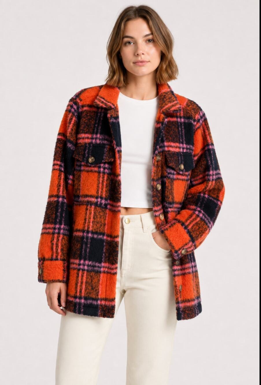 DRA Los Angeles Shacket Womens Small Orange Plaid Fuzzy Teddy Oversized Jacket